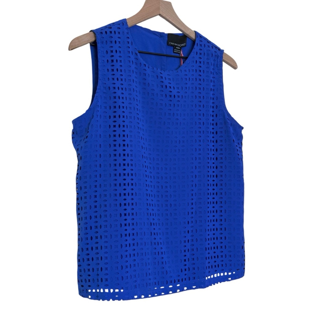NWT Cynthia Rowley Laser Cut Geometric Sleeveless Top Blue Medium Modern Classic - Picture 2 of 6